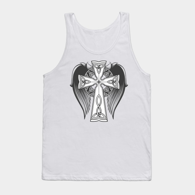 Cross in celtic style with big wings tattoo in engraving style. Tank Top by devaleta